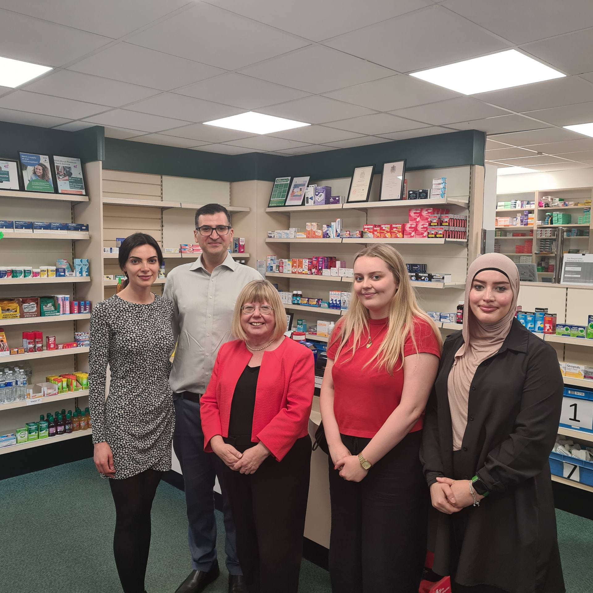 Liz Twist MP with the Burnopfield Pharmacy team