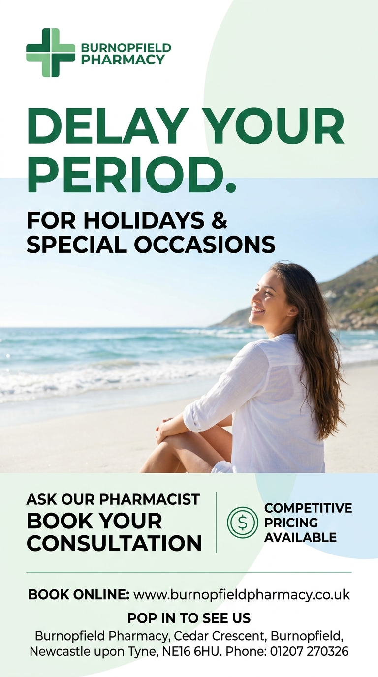 Period Delay Tablets poster: Delay your period for holidays and special occasions at Burnopfield Pharmacy