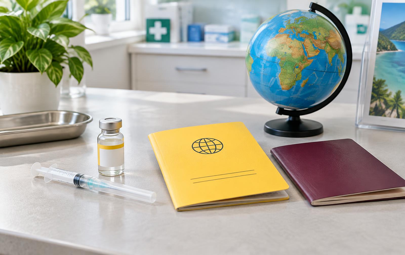Yellow fever vaccination supplies, travel certificate, passport and globe in a pharmacy consultation room